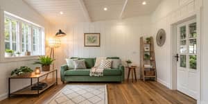 Living Room Inspiration: Green Couch & Wood Floors