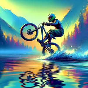 Adventure Sports Photography: Bicycle Stunt on Calm Lake