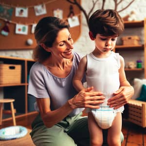 Autistic 7-Year-Old Boy in Diaper with Mother