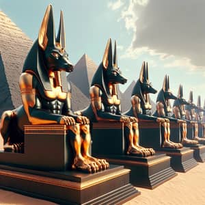 Majestic Black Pyramids with Golden Anubis Statues in Egyptian Desert