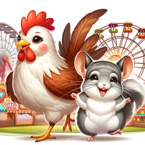 Cute Hen and Funny Chinchilla Enjoying Amusement Park Fun