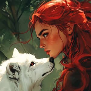 Disney Style Warrior Woman with White Wolf Illustration