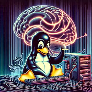 Tech-Savvy Penguin Coding: A Retro-Futuristic Vibe