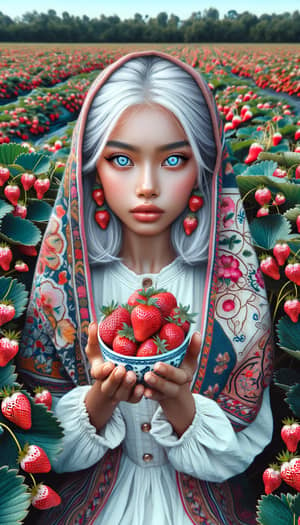 South Asian Girl in Strawberry Field with Blue Eyes and White Hair