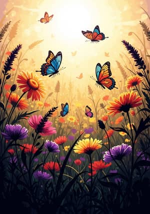 Vibrant Meadow of Blooming Wildflowers & Butterflies