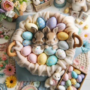 Baby Easter Photography Background with Quaint Basket, Bunnies, and Easter Eggs