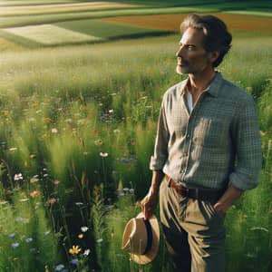 Serene South Asian Man Enjoying Nature in Flower-Filled Field