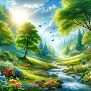 Serene Natural Landscape: Harmony of Verdant Trees and Gurgling Stream