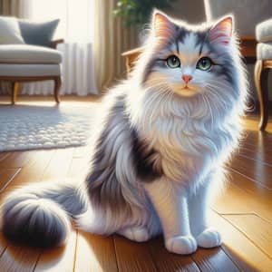 White and Grey Domestic Medium-Haired Cat Oil Painting