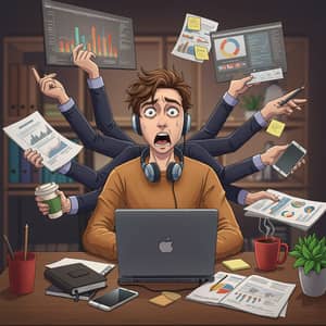 Overwhelmed Man Juggles Tasks in Anime Style
