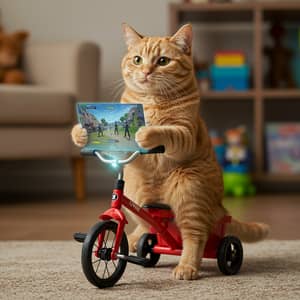 Cat on Tricycle Playing Fortnite