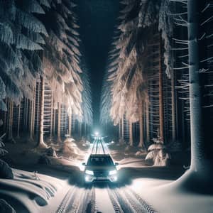 Night Forest Winter Drive: Car Through Snowy Path