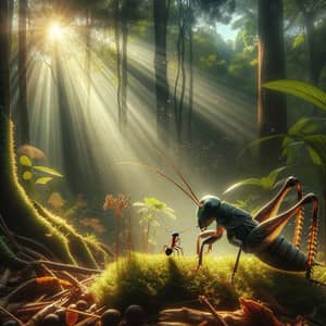 Forest Symphony: Cricket and Ant Basking in Sunlight