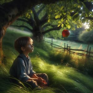 Young Newton Under Tree with Falling Apple