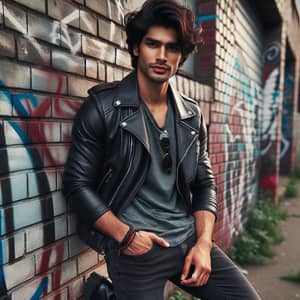 Stylish South Asian Young Adult by Graffiti Brick Wall