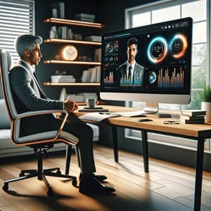 Hispanic Male Engaged in Webinar in Stylish Home Office