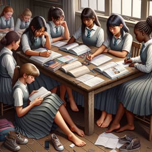 Barefoot Schoolgirls Studying Together in Harmony