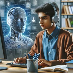 South Asian Male Student Using Computer with AI Board