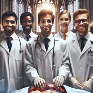 Diverse Doctors Performing Organ Transplantation in Gothic Church Setting