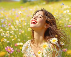 Joyful Brunette in Sunlit Meadow - Impressionist Art