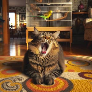 Tabby Cat Yawning on Colorful Rug - Whimsical Scene Captured