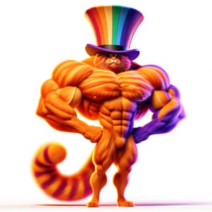 Muscular Orange Cat in Rainbow Top Hat