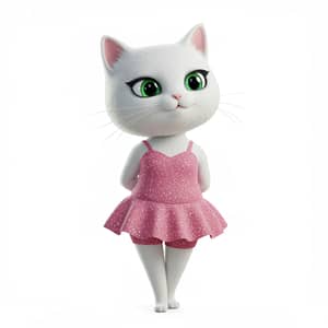 3D White Cat in Pink Glittery Dress - 5.9 Inches Tall