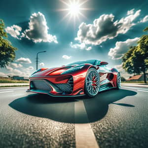 Stylish Red Sports Car | Gleaming in Sunlight on Road