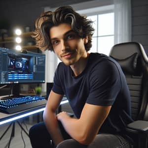 Young Male Gamer Live-Streaming from Modern Setup