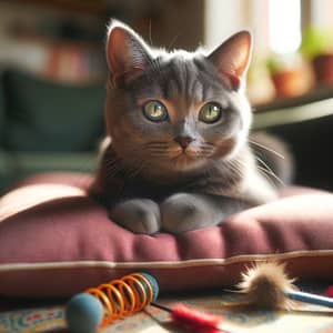 Cozy Grey Cat Relaxing on Red Polka Dot Cushion - Peaceful Scene