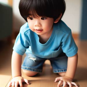 Curious East Asian Boy Exploring Wooden Floor | Exciting Discovery