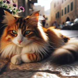 Peaceful Cat Basking in Sunlight - Urban Scene with Flowers