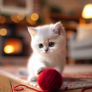 Adorable Cat Playing with Red Wool Ball