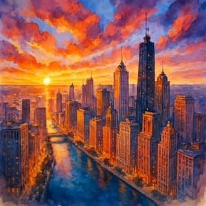 Vibrant City Skyline at Sunset in Watercolors