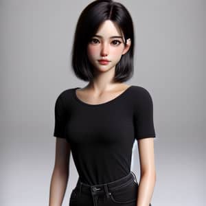 Realistic Image of Slender Girl with Black Hair and Brown Eyes