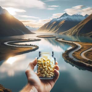 Yellow Supplement Pills in Clear Glass Jar | Majestic River View