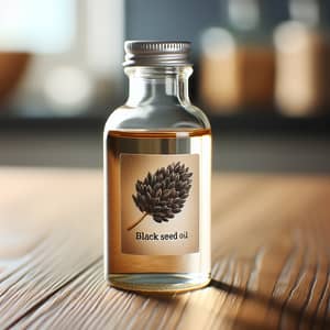 Premium Black Seed Oil in Glass Bottle | Natural Oak Wood Table