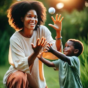 Young Black Mother Teaches Son to Catch a Ball