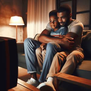 Heartwarming Scene of African-American Father and Son Watching TV