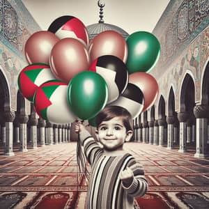 Joyful Child with Palestinian Flag Balloons at Al-Aqsa Mosque