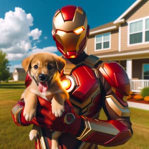 Red and Gold Armored Superhero with Playful Puppy in Suburban Setting