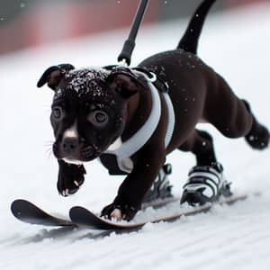 Adorable Black Staffordshire Bull Terrier Skiing Down Snowy Slope