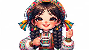 Joyful Tatar Girl in Traditional Costume with Coffee