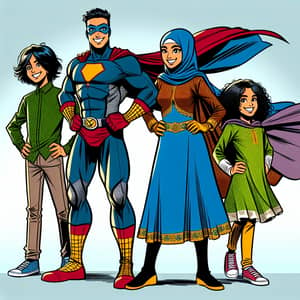 Superhero Family of Four | Vibrant Comic Book-Style Illustration