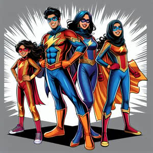 Superhero Family Illustration: Colorful Comic Art of South Asian Superheroes