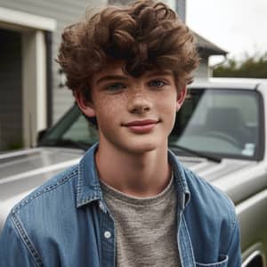 Caucasian Teen Boy with Curly Hair and Freckles | Silver Pick-Up Truck