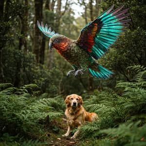 Vibrant Abstract Kea Bird Art with Resting Dog