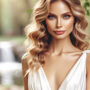 Elegant Caucasian Woman in White Silk Dress | Serene Beauty