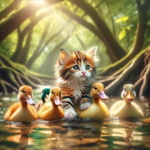 Cute Kitty Swimming with Ducks | Enchanting Harmony of Species