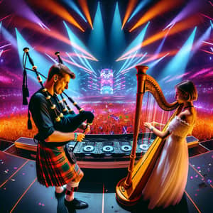 Vibrant EDM Festival with DJ and Bagpipe Player